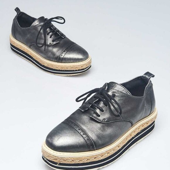 Prada Dark Silver Leather Platform Espadrille Oxford Flats Size 5.5/36 - Picture 1 of 4